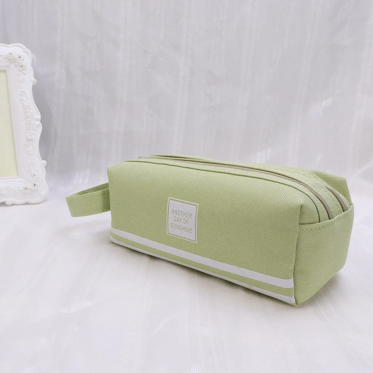 Green Large Capacity Double Layer Pencil Bag Canvas Pencil Case Zipper Pouch Portable Makeup Organizer Multifunctional