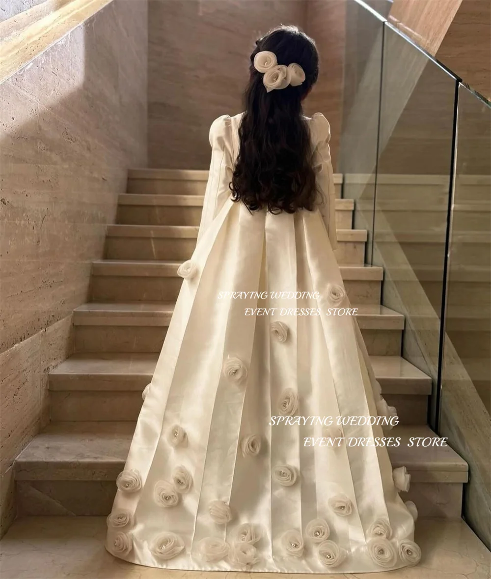 SPRAYING Long Sleeves Girl Dresses Customized Satin Sweep Train Handmade Flowers Children Wedding Dresses Birthday Formal Gown