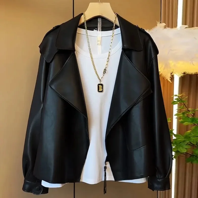 SpringAutumn Korean PU Leather Jacket Women 2024 New Short Leather Jacket Outwear Female Fashion Long Sleeve V-Neck Leather Coat