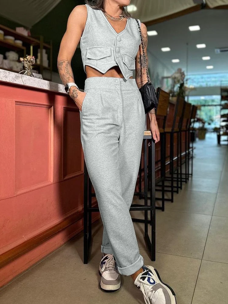 Casual Two Piece Sets Womens Outfits 2024 Summer Fashion V-Neck Buttoned Sleeveless Vest Top & Casual High Waist Pocket Pant Set