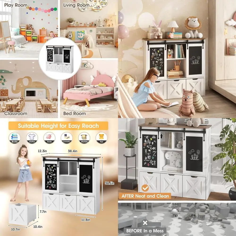 

Многофункциональный детский шкаф для хранения с выдвижной доской для рисования, книжной полкой, 3 регулируемыми полками и 5 контейнерами для хранения для игровой комнаты, N