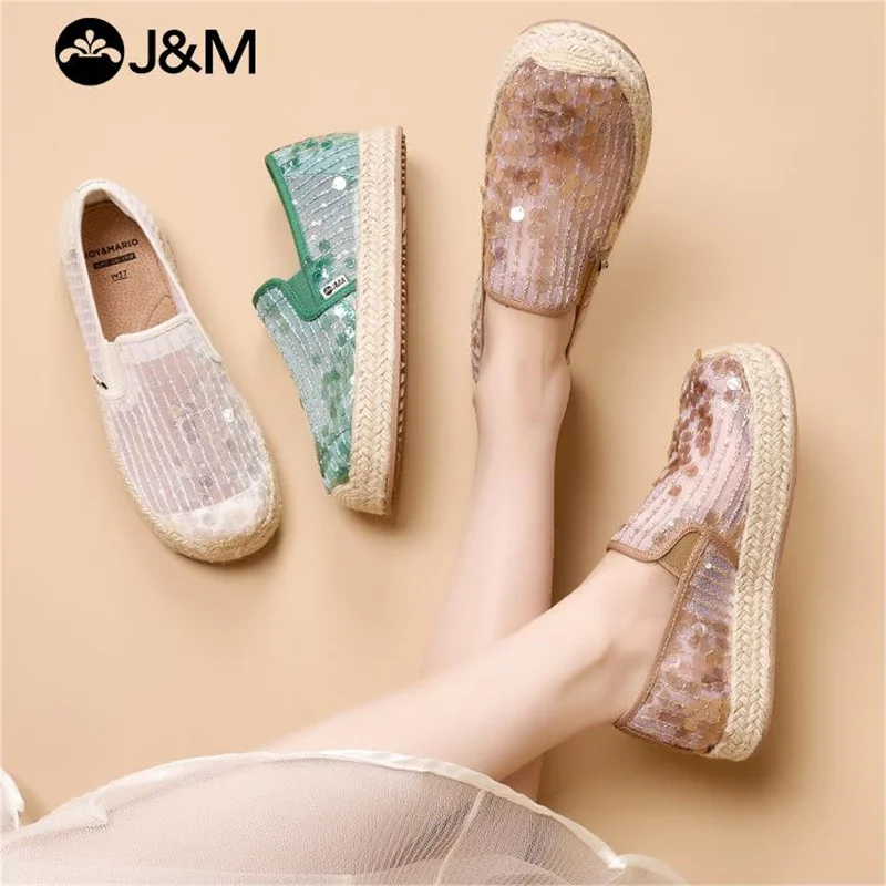 J&M Women Loafers Espadrilles Fashion Fisherman Shoes Summer Sequins Mesh Breathable Platform Slip-On Casual Shoes White Sneaker