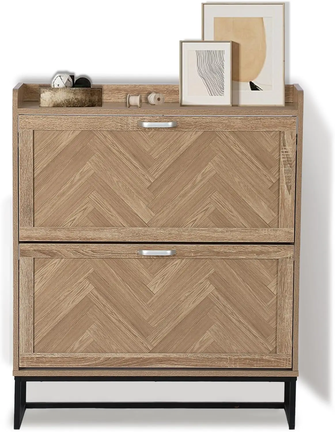 

Shoe Storage Cabinet with 2 Flip Drawers, Narrow Hidden Shoe Cabinet with Metal Legs & Adjustable Shelf, Freestanding Slim