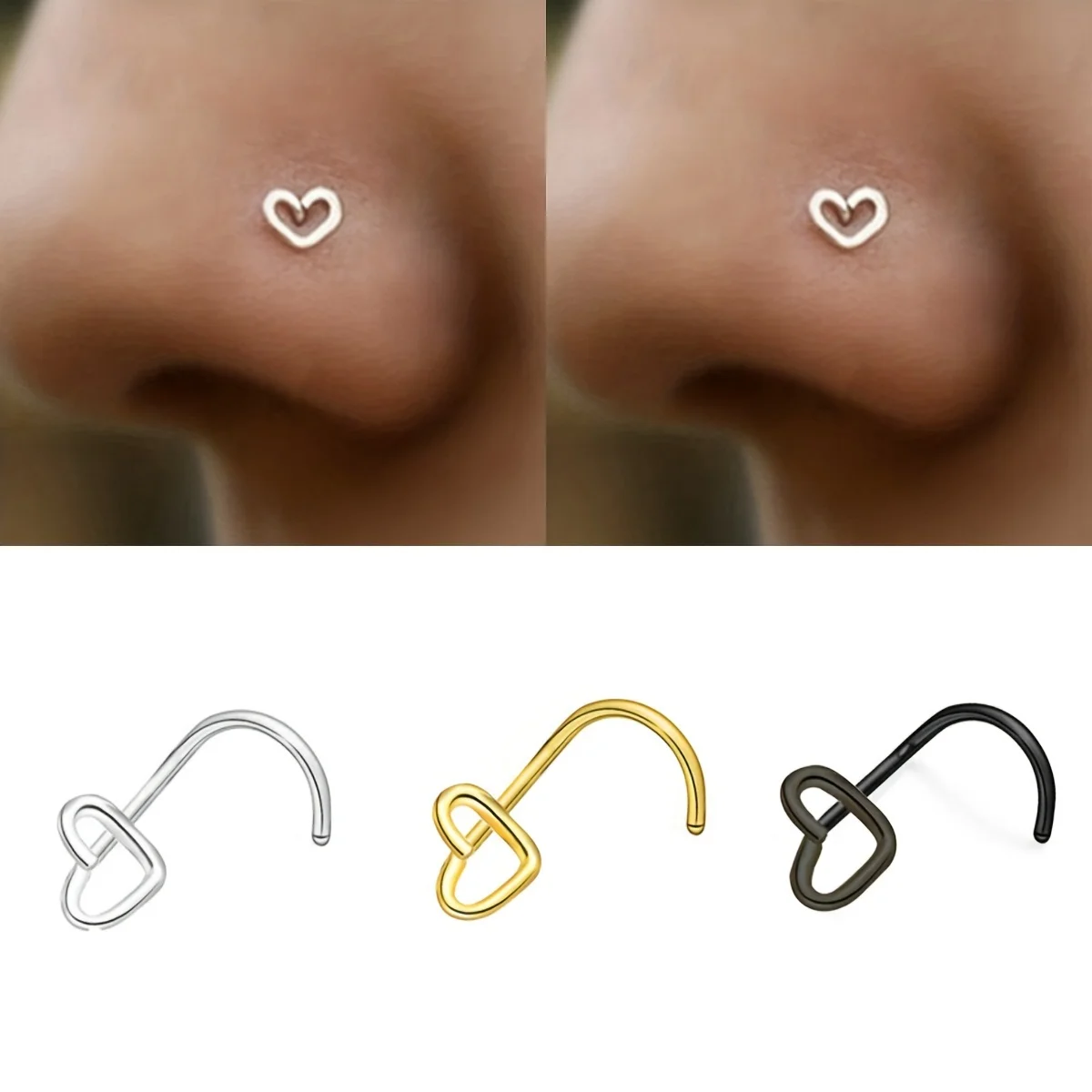 1pcs/3pcs Stainless Steel Heart-Shaped Nose Ring Piercing Jewelry for Women and Men Minimalist Style for Casual Attire