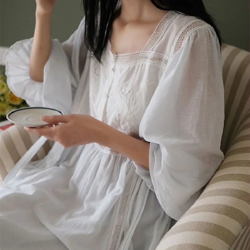 Hanxiuju delikatne Vintage hafty bawełniane damskie długie koszule nocne luksusowe piżamy eleganckie luźne Nighty wiosna jesień sukienka — zdjęcie 6