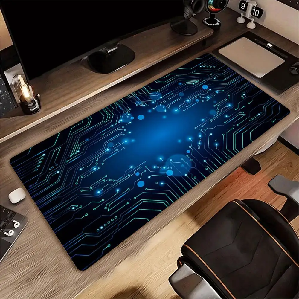 Large Futuristic Cyber Tech Circuit XXL Mousepad Neon Glow Hex Pattern Deskmat Non-Slip Rubber Gaming Pc Keyboard Gamer Mats
