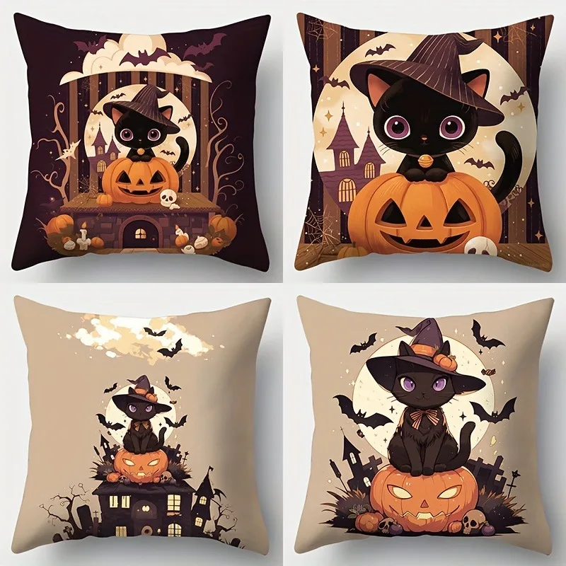 

Home Decor Cute Black Cat With Pumpkin Halloween Pillow Pattern Cushion Cover Suitable For Sofa Bedroom Car Pillow Cover