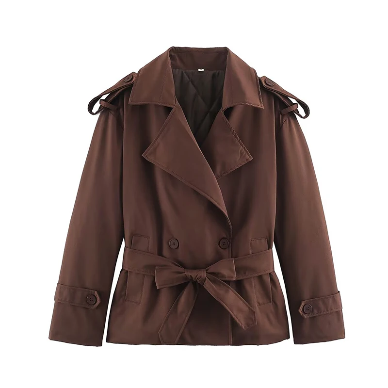 YENKYE Ladies Classic  Short Windbreaker Long Sleeve Double Breasted Belted Trench Coat Autumn Winter Thicken Warm Outerwear