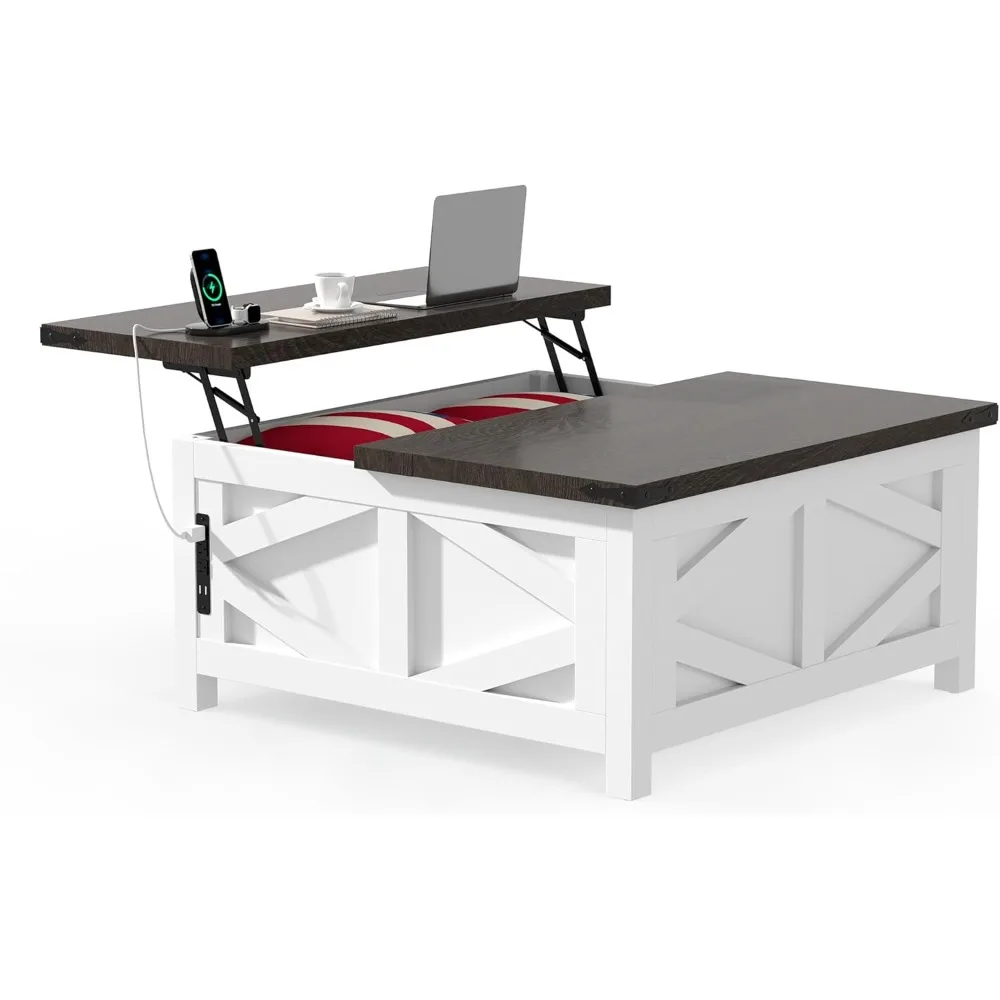 طاولة قهوة قابلة للرفع مع منافذ وشحن USB، وطاولة مركزية حديثة للمزرعة مع مساحة تخزين مخفية للشقة وغرفة المعيشة،