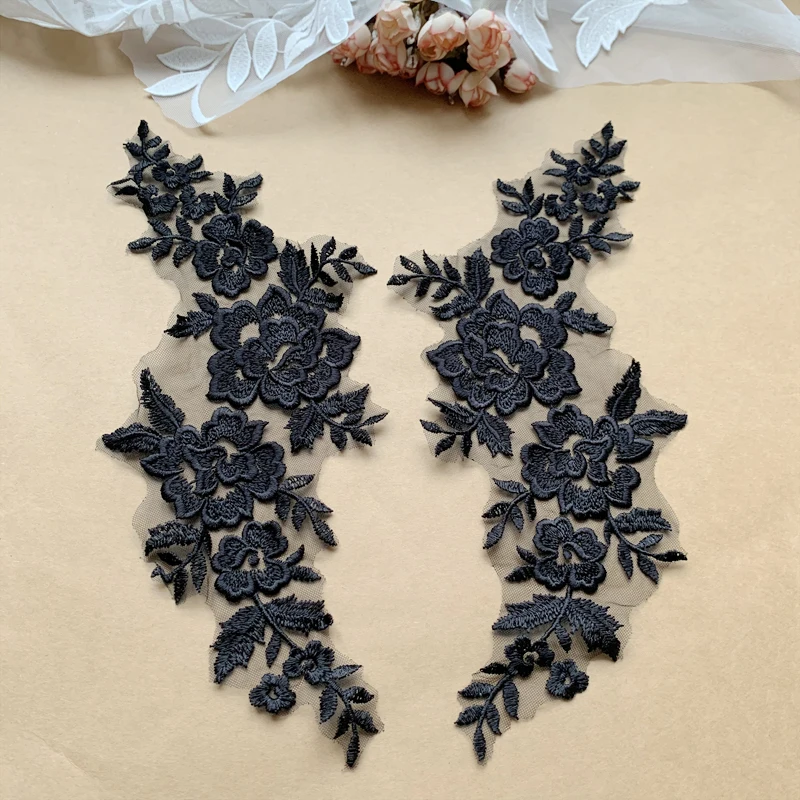 Schwarze Matte Stickerei-Spitze, Handgemachte Blume, DIY Hochzeits-Applikationsmaterial, Spiegelblume – Detail 4