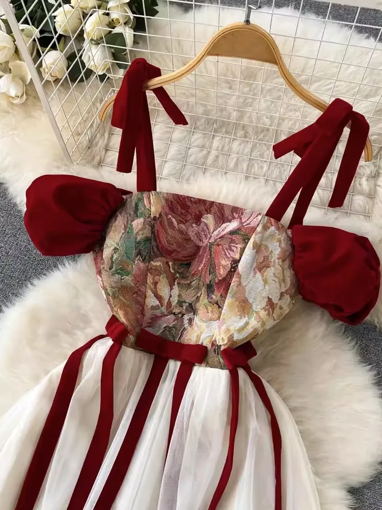Abito a canotta con stampa ricamata Vintage per donna abiti da sera lunghi da sera in rete con Design allacciato in stile francese estivo