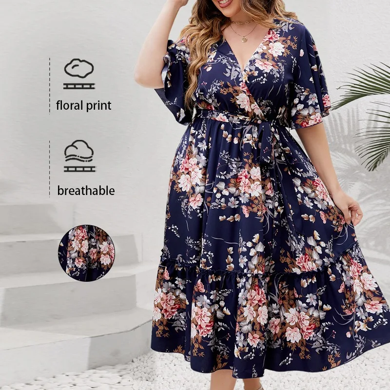 

Navy Blue Plus Size Floral Printed V-Neck Mid-Length Ladies Digital Print Maxi Dress Pattern Vacation Women Evening Skirts Xl4xl