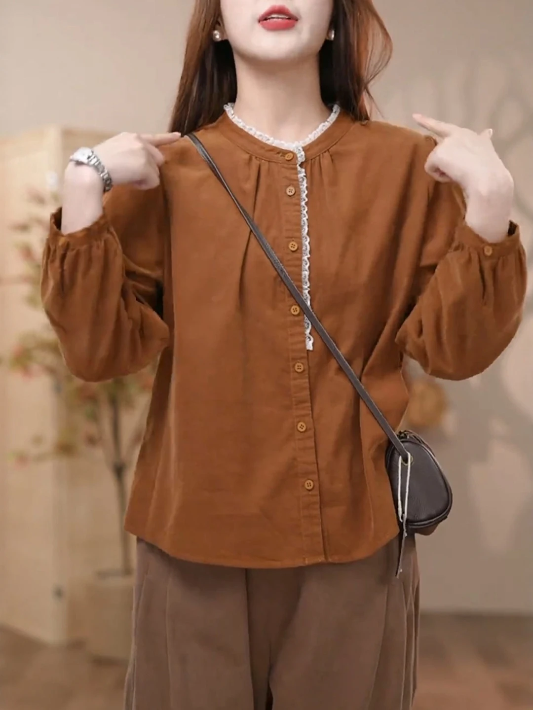 

Faionable Oversized Long Sve Women's irt Vintage Layering Top Commute Sle Polyester Fabric Autumn Season Regular Fit