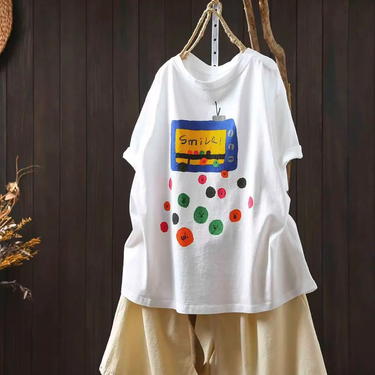 

Women Summer Sweet Mori Girl Cartoon Smail Print Cotton T-Shirts Y2K O-Neck Short Sleeve Casual Loose T Shirts Pullover Tops