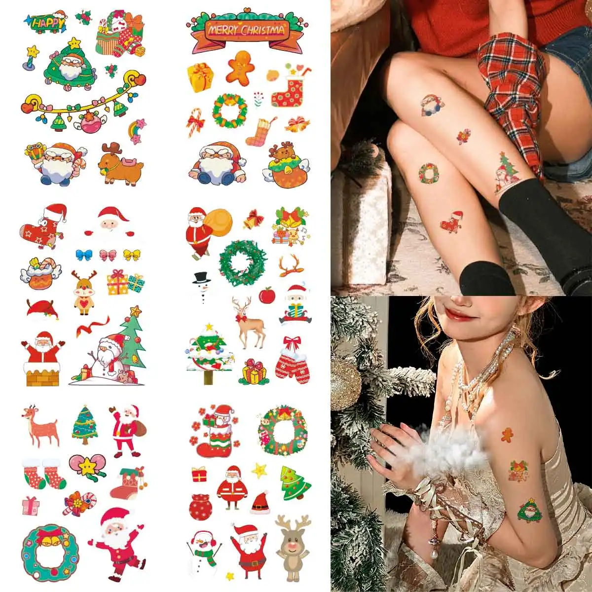 

6pcs Christmas Cartoon Pattern Tattoo Stickers Waterproof Temporary Tattoos Sleigh Santa Clau Christmas Tree Snowman Tattoo