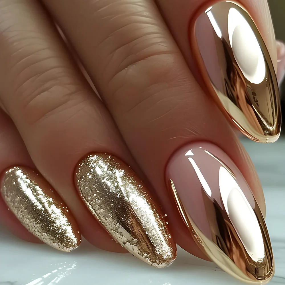 24Pcs Gradient Red Press on Nails with Sequin Glitter Long Almond Fake Nail Wearable Stiletto Nails Art Artifical False Nails