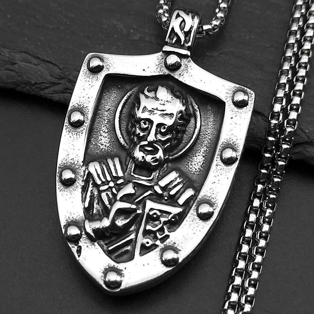 

Vintage Saint Nicholas Shield Pendant Necklace for Women Men Stainless Steel Silver Color Christian Amulet Jewelry Gift