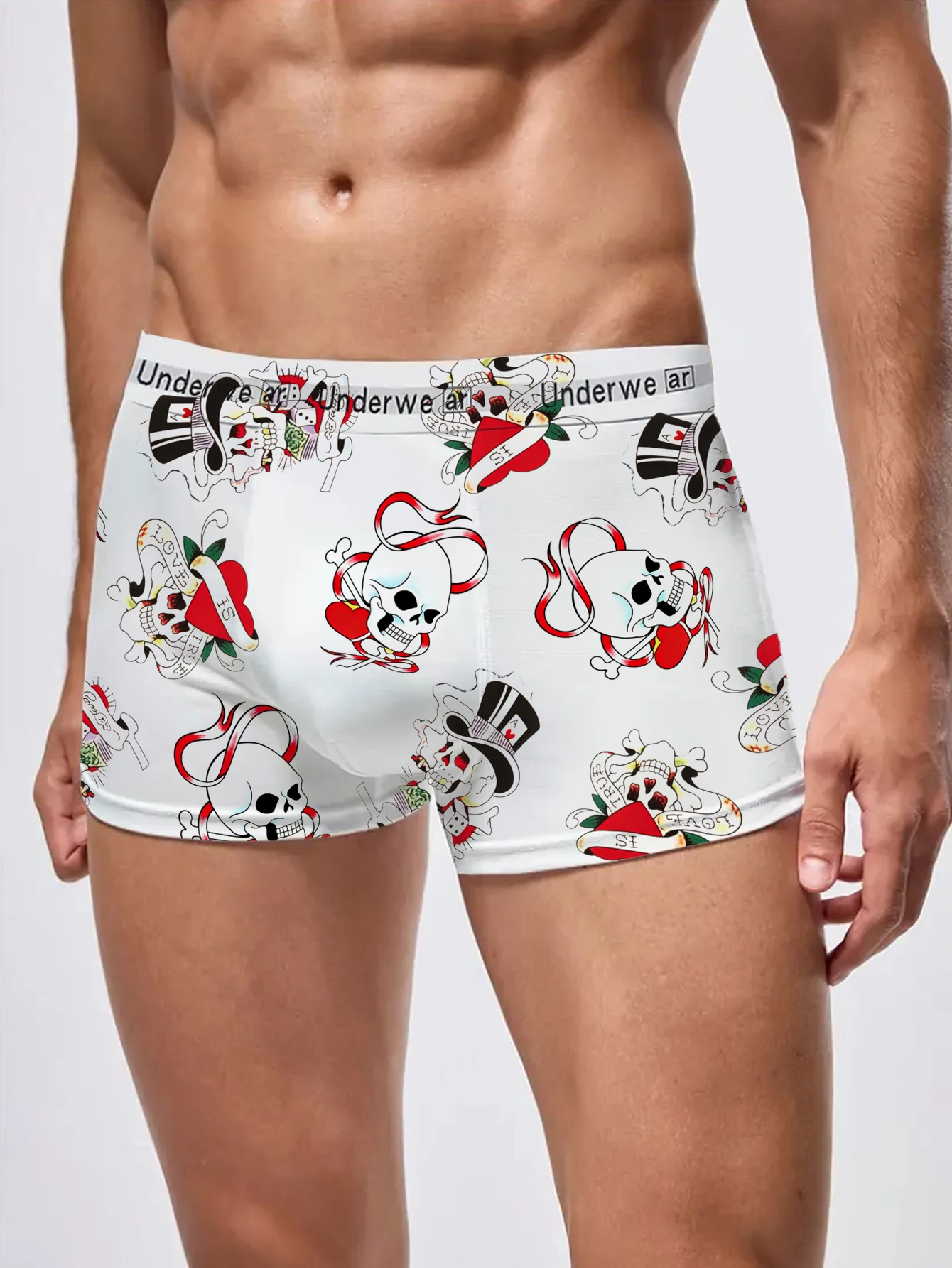 

Skeleton Theme Boxer Briefs for Men, White Base with Striking Skull Prints, Comfortable Fit for Sport and Relaxation