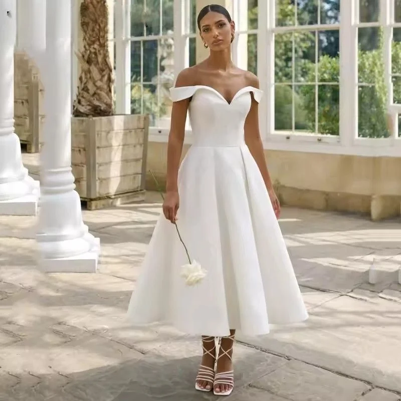 Simple Soft Satin Wedding Dresses Off Shoulder Elegant V-Neck Tea-Length robe de soirée Boho Bridal Party Custom Made