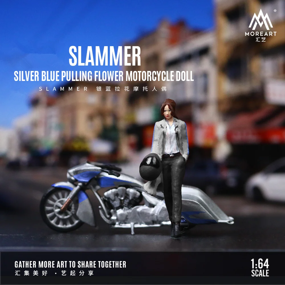 Moreart 1:64 Slammer Silver Blue Pulling Flower motorcycle doll set Display & Collection & Gift