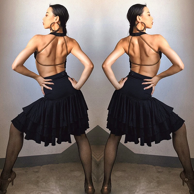 Adult Sexy Latin Dance Dress Black Hollow Out Ruffle Dress Women Dancing Show Stage Outfit Cha Cha Rumba Performance Wear 2524