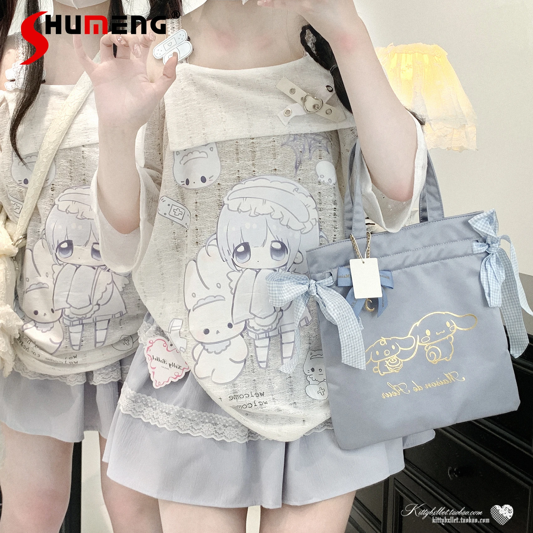 

Japanese Style Girls Anime Print Kawaii Off-Shoulder Top Summer New 2025 Subculture Y2K Loose Slimming Casual Top Sweet T-Shirts