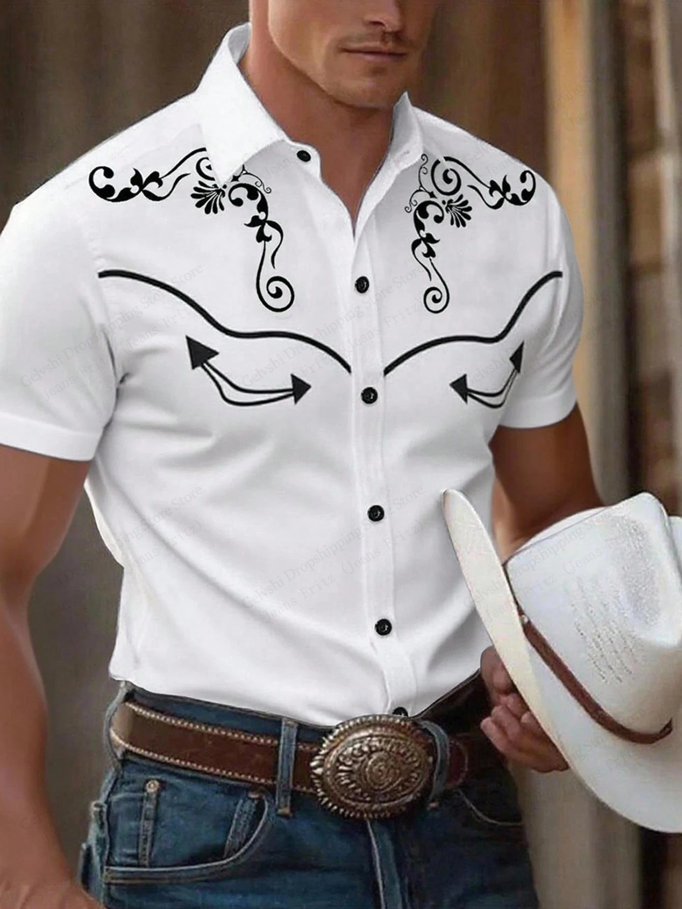 Męska koszula w stylu western, odzież vintage, dżinsowa koszula kowbojska z nadrukiem 3D, koszula country, moda męska i damska, koszula z krótkim rękawem, codzienna bluzka z kołnierzykiem.