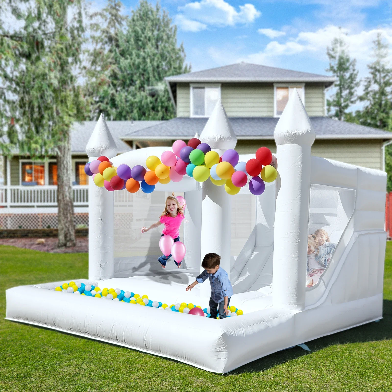 

13-футовый белый замок из ПВХ с выдвижным шариком для детской вечеринки, забавный коммерческий надувной замок для свадебной вечеринки