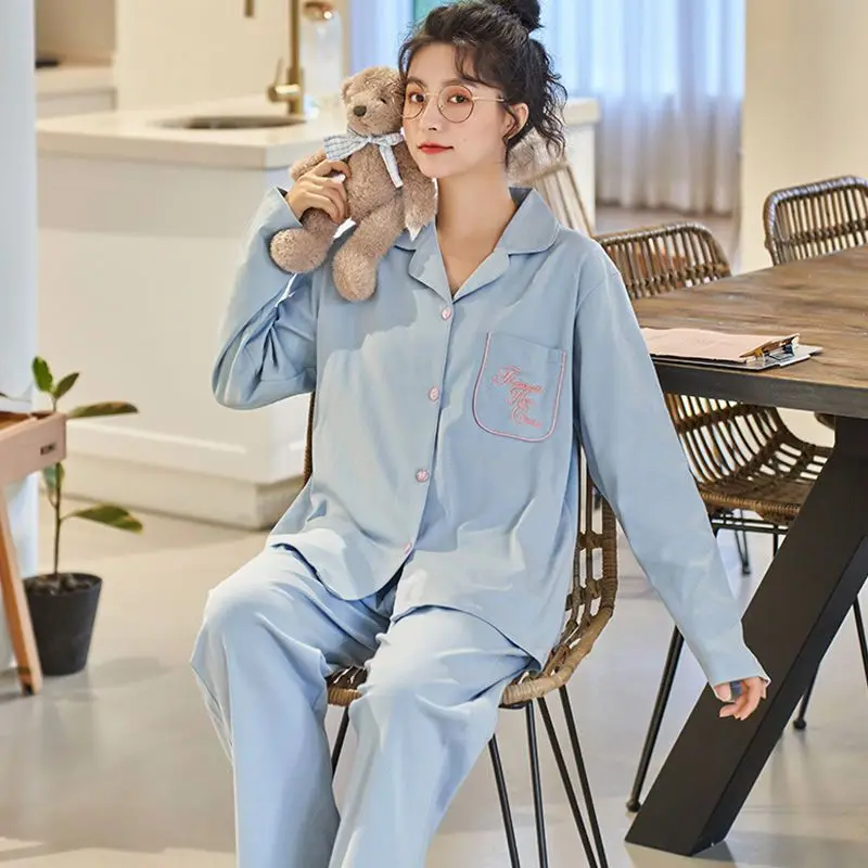 100% Cotton Pijamas Women Spring and Autumn Long-sleeved Set Sleepwear Simple Solid Color Loose Loungewear Two-piece Set