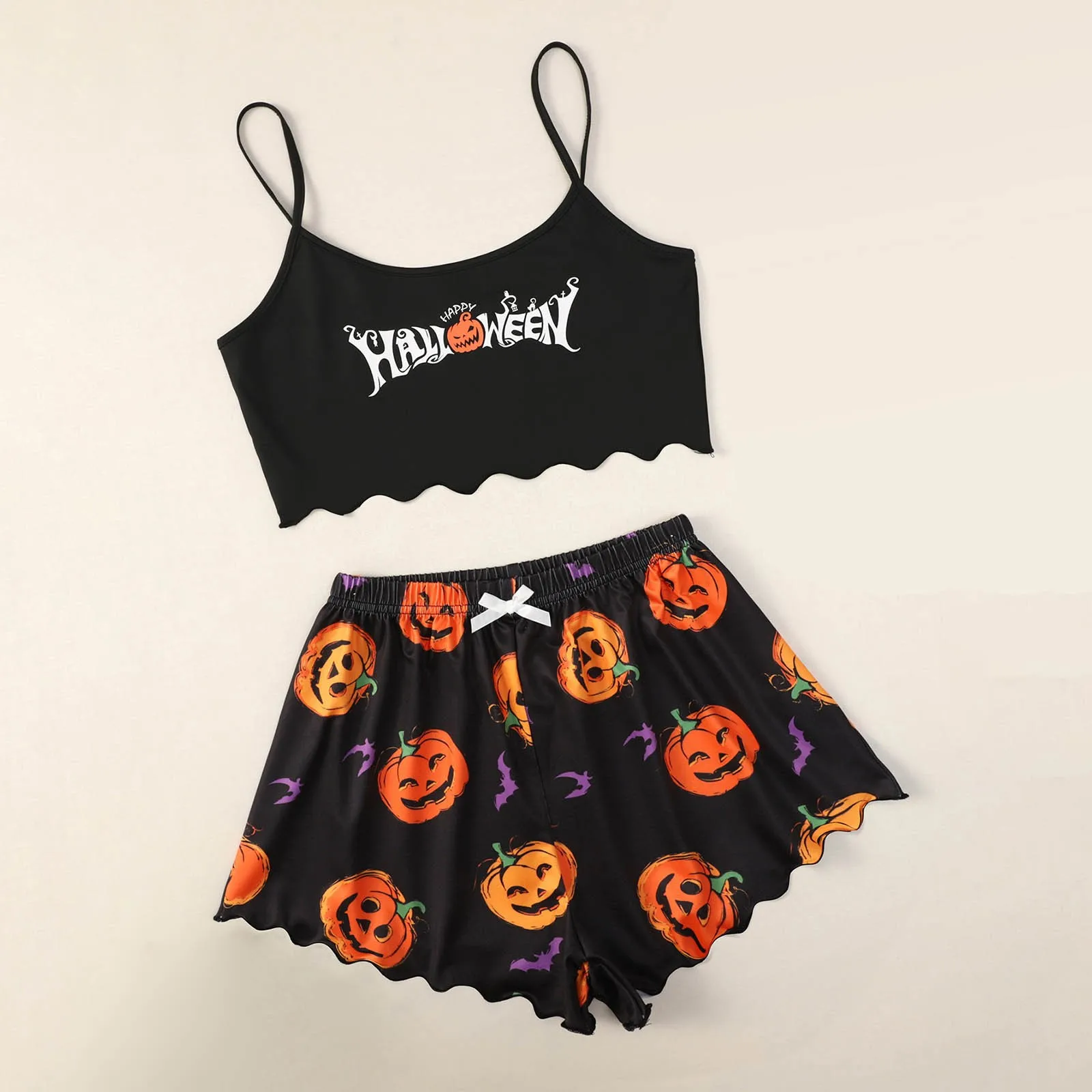 Halloween Pajama Women's 2 Piece Set Pumpkin Graphic Camisole And Short Set 2024 New Female Halloween Loungewear Nightgown