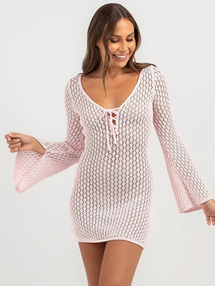 2025 new Solid Bikini Cover-Ups Women Beach Cover Up Long Sleeve Lace Up Summer Fashion See Through Vacation Female Beachwear