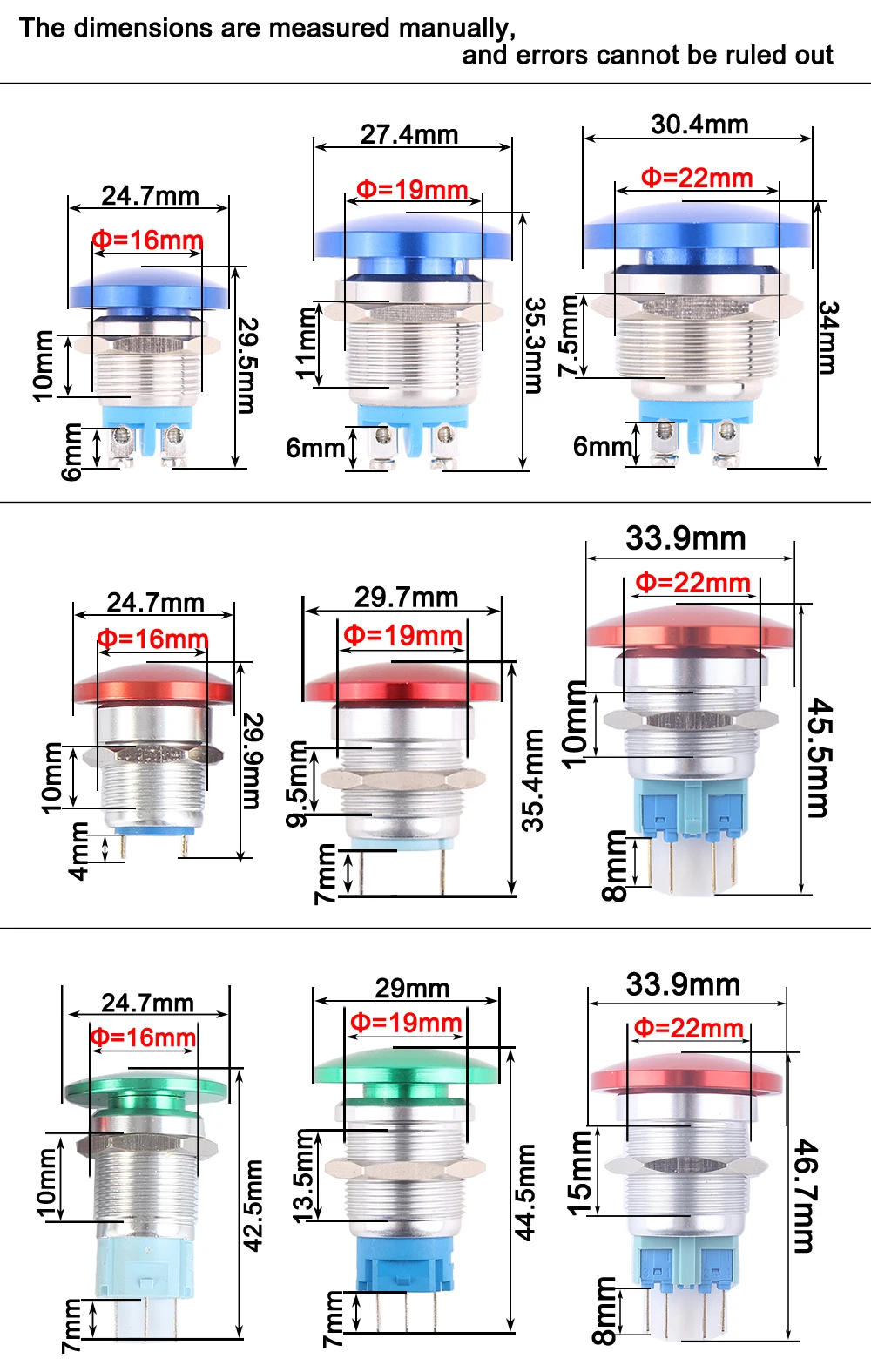 16/19/22mm Switch mushroom Metal Waterproof Alloy Push Button Momentary 1NO1NC Pin Screw terminal Latching fixed red blue green