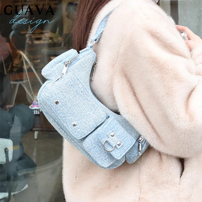 

Multi Pocket Underarm Hobo Shoulder Bag,Trendy Fashionable Denim Women Handbag,Vintage Dumpling Crescent Side Bag,Portable Purse