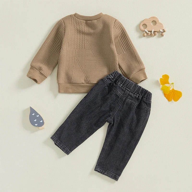 1-4years Boy Spring Fall Outfits Long Sleeve Textured Sweatshirt + Ripped Denim Pants Set For Boys