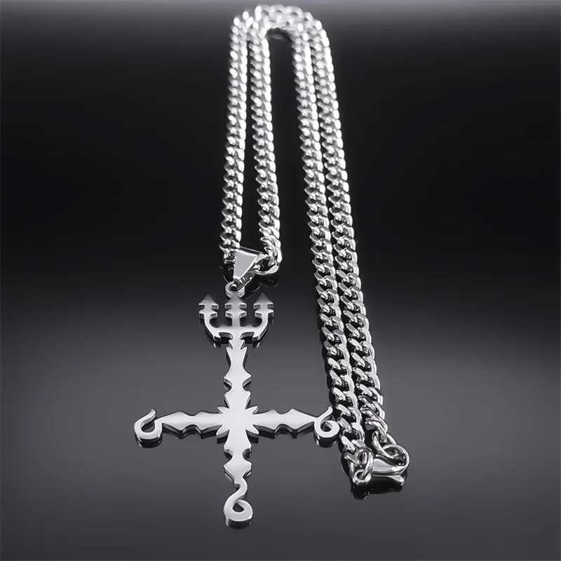 666 Satan croix inversée Trident collier démoniaque pour femmes hommes en acier inoxydable couleur argent déclaration colliers bijoux N8055SR