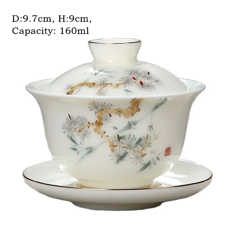 White Jade Porcelain Tea Bowl, Tea Cup and Saucer, Gaiwan, High-End Chinese Household Tea Set, Ceramic Puer Teacups, Tureen
