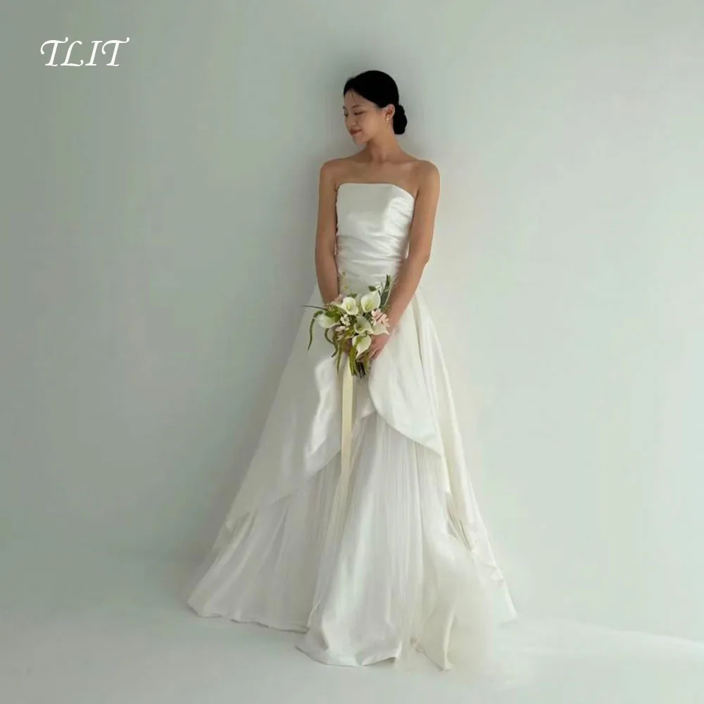 TLIT Elegant Korea Wedding Dress Strapless Draped Ivory Satin with Tulle A-Line Photos Shoot Bridal Reception Gown Customized