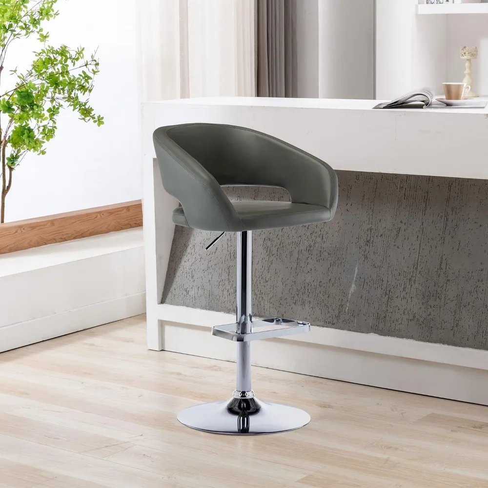 Adjustable Bar Stool with Hollow Back and Arms, Modern PU Leather Swivel Barstool