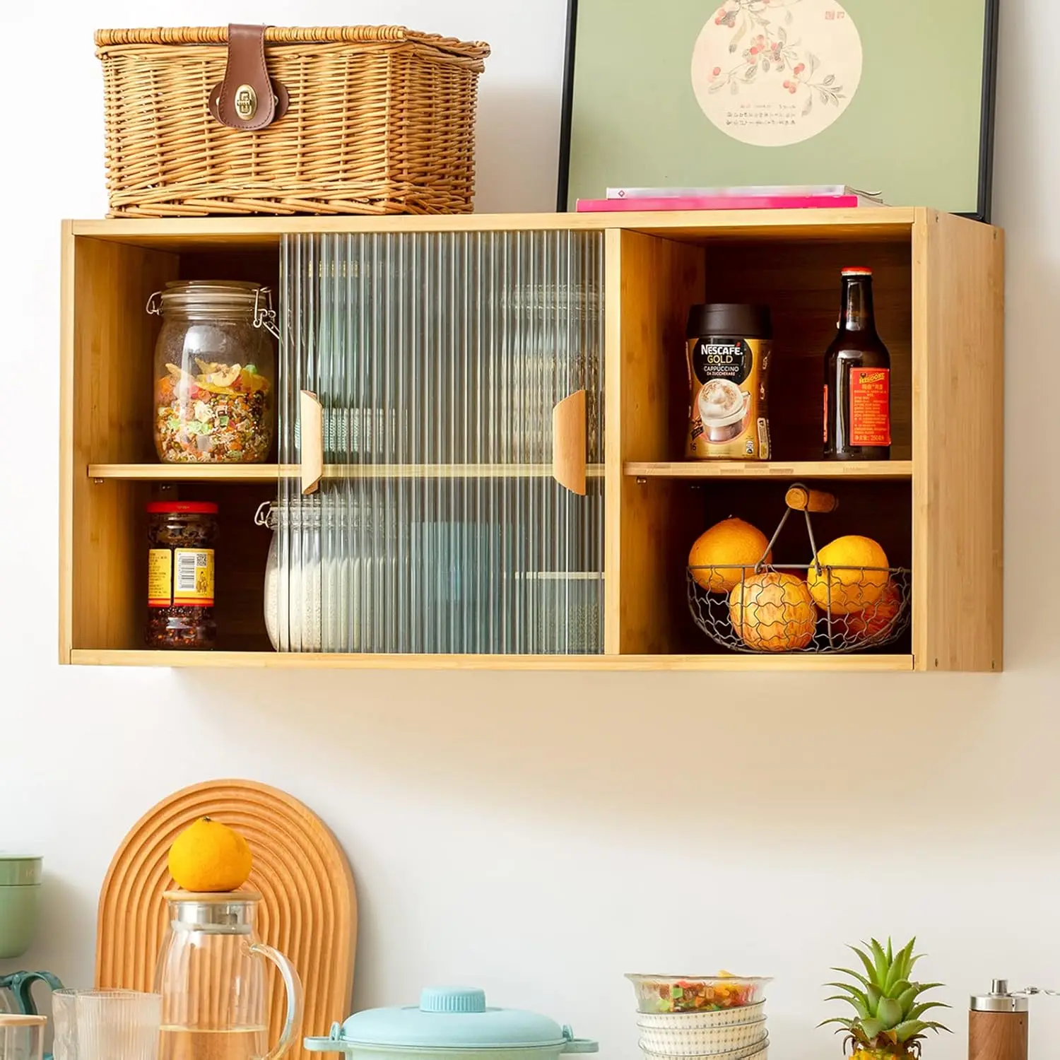 Bamboo Wall Mounted Kitchen Pantry Sideboard with 2 Sliding Door, Freestanding Wall Storage Cabinet with Shelf for Bottle