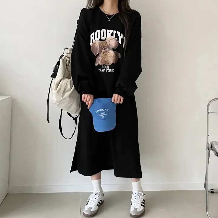 

Casual Long Sleeved Dress Women's Autumn Spring New Korean Simple Fashion Versatile Cartoon Print Round Neck Fleece Long Dresses