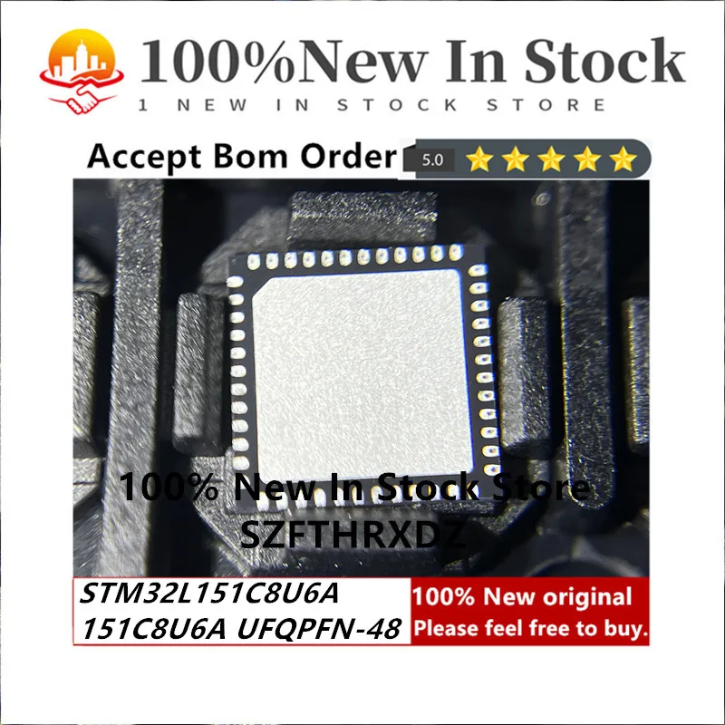 100% NEW ORIGINAL STM32L151C8U6A UFQPFN-48 151C8U6A UFQPFN48 MCU 32-bit ARM Cortex M3 RISC 64KB Flash 2.5V/3.3V 48-Pin