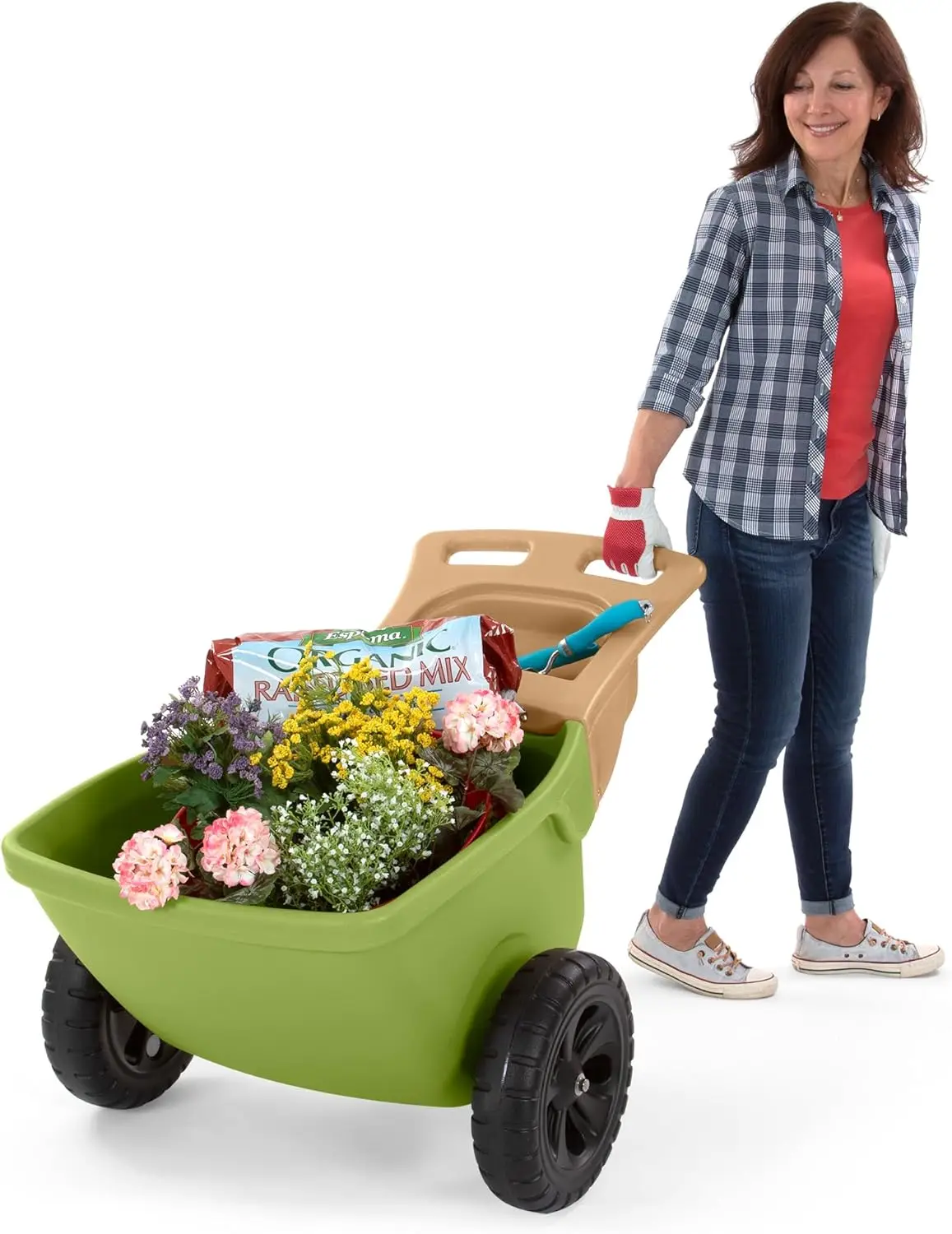 Easy Haul Wheelbarrow with Garden Tool Storage Tray, Durable Heavy-Duty Plastic Wheelbarrow with Large Easy Turn Wheels - Green,