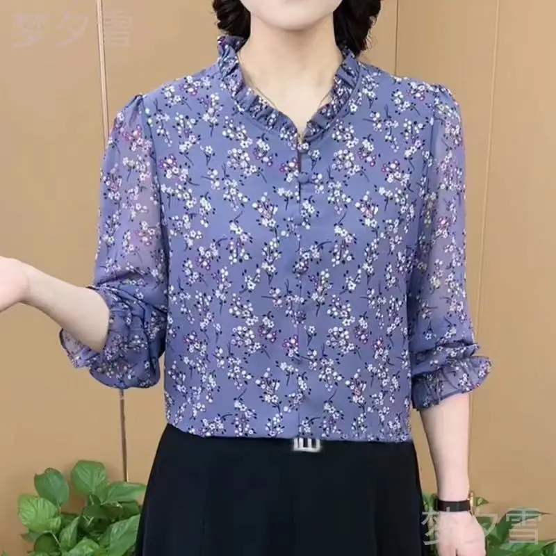 

New Summer 2024 Women's Patchwork O-Neck Button Printing Ruffles Fashion Slim Elegant All-match 3/4 Sleeve Blouses Shirts