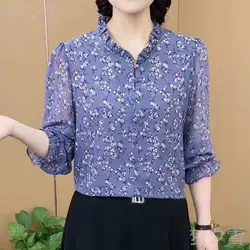 Blusas femininas com estampa de retalhos com decote em O, Finas, Elegante, Combina Tudo, Manga 3/4, Novo, Verão, 2022