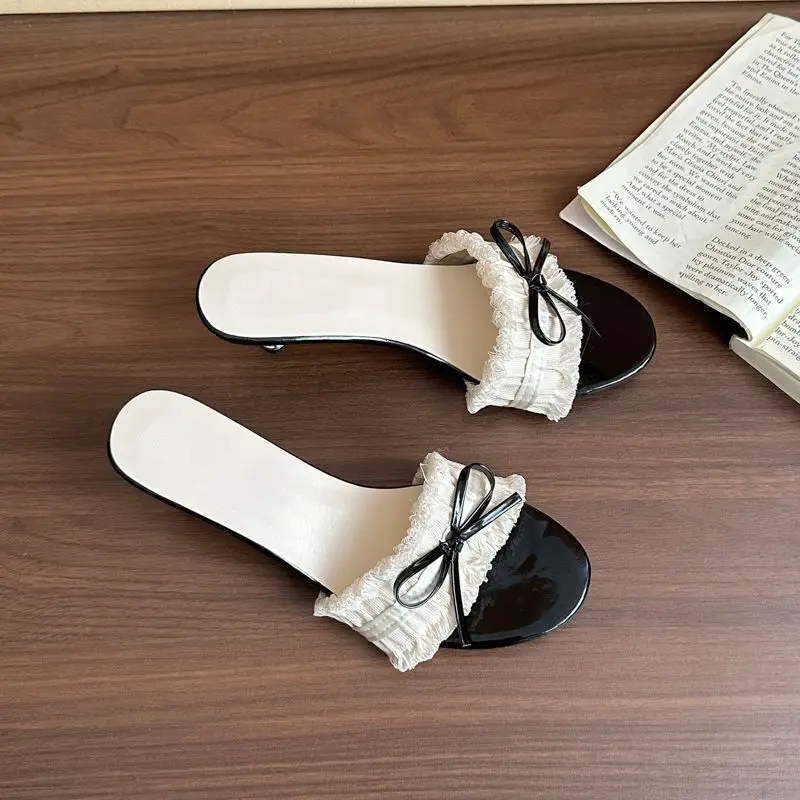2026 Summer Plus Size Bow Elegant High Heel One Band Slides Breathable Comfortable Fashion Casual Outer Sandals