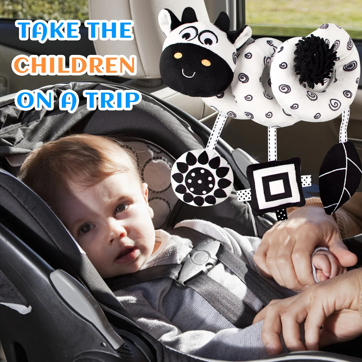 Simpatici giocattoli per bambini con seggiolino auto a spirale per mucca in bianco e nero, attività per carrozzina per passeggino, giocattoli appesi, giocattolo sensoriale ad alto contrasto