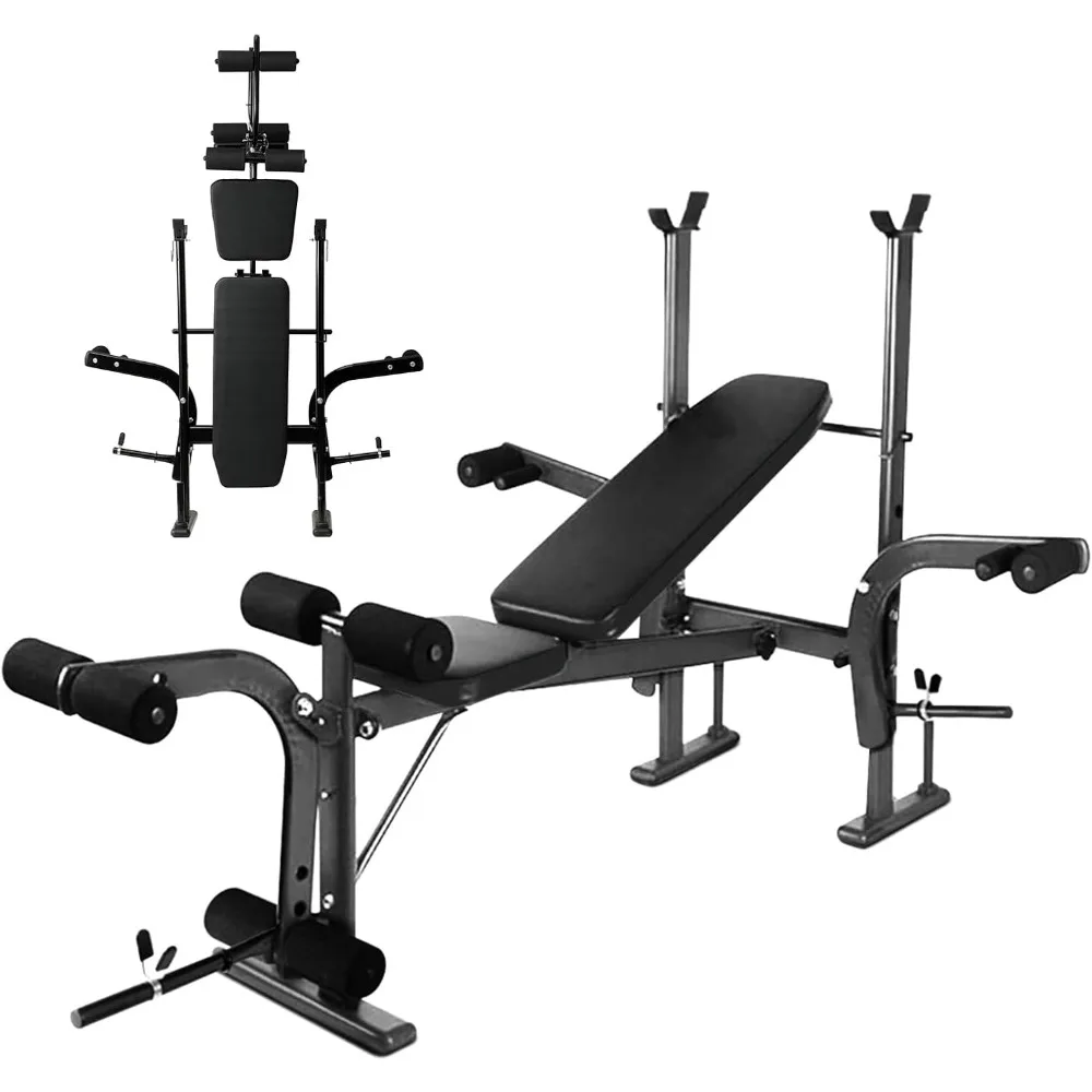 Banco de pesas, juego de prensa de banco con almohadilla rizada Preacher y desarrollador de piernas para gimnasio en casa, entrenamiento de cuerpo completo, carga de 800 libras, ajuste plegable