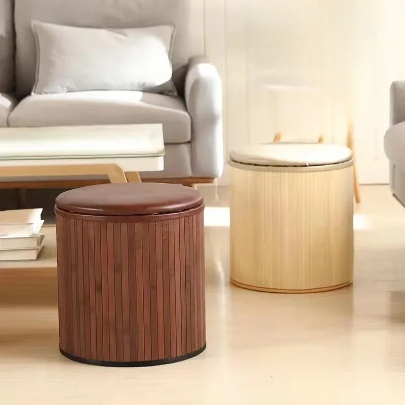 Bamboo Foot Stool with Shell Storage Multifunctional Hallway Ottoman Stable Load-Bearing Furniture for Home Eco-Friendly Design