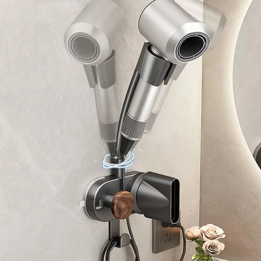 Hands Free Hair Dryer Holder Non-punching 360 Degree Rotation Hair Dryer Storage Bracket Double Suction Cup Rustproof