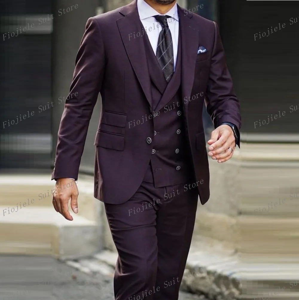 

New Dark Purple Formal Occasion Men Suit Business Tuxedos Groom Groomsman Wedding Party Prom Male 3 Piece Set Blazer Vest Pants